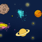 A colorful, finished drawing of a solar system with planets, rings, and stars.