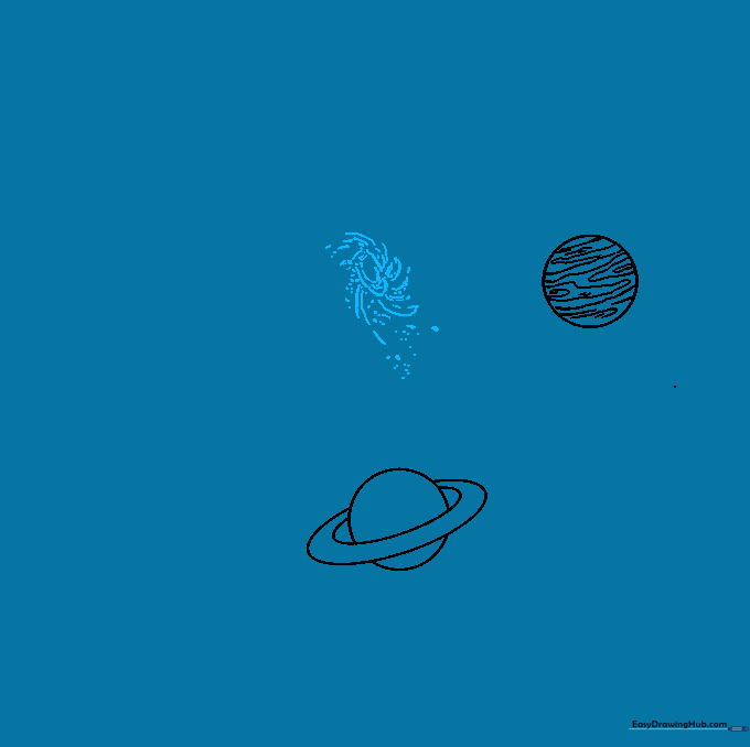 A spiral galaxy sketch with curved lines radiating from a center point.