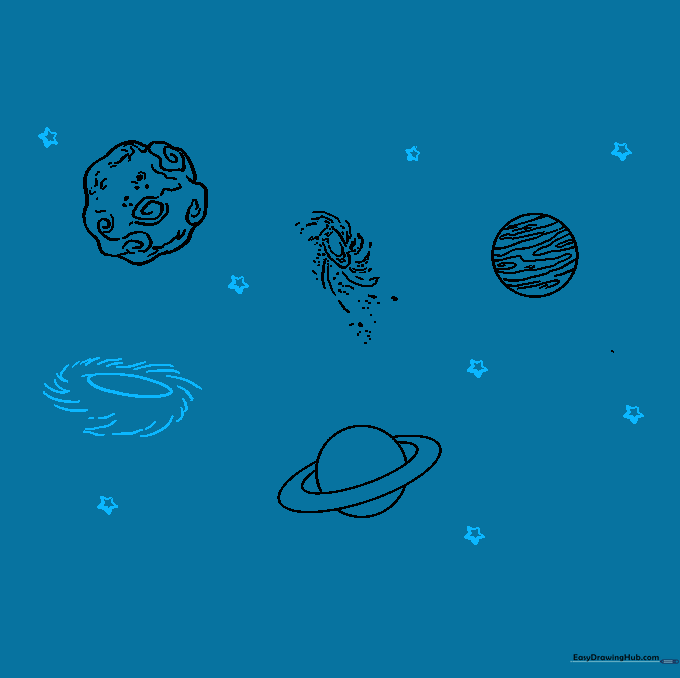 The full space scene with additional galaxies and small star shapes.