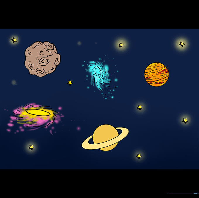 A fully colored space drawing with vibrant planets and a dark, starry background.