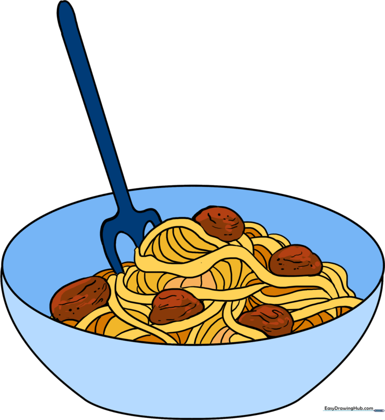 A vibrant, finished illustration of a bowl of spaghetti with meatballs, ready for coloring.