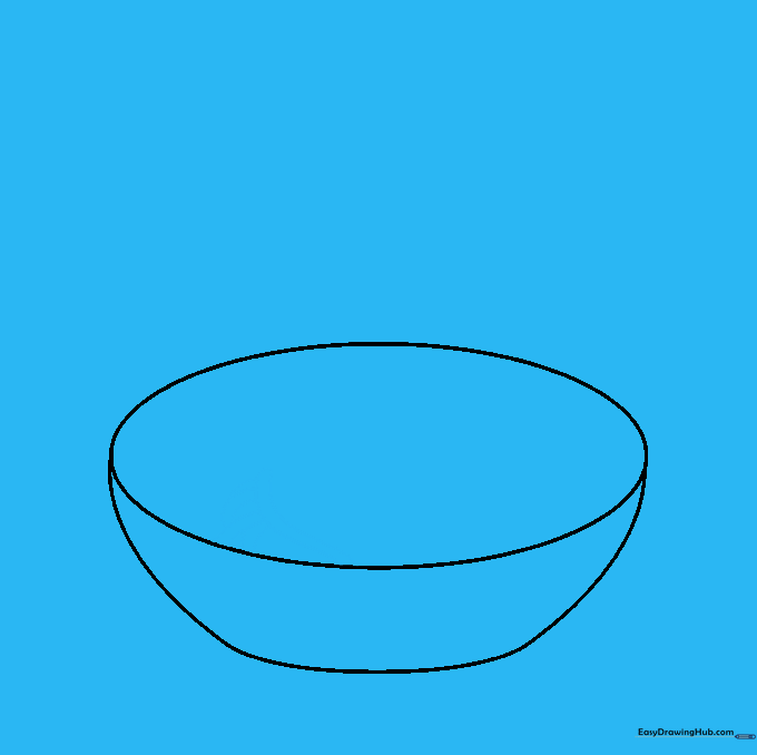 Drawing a single long spaghetti noodle with parallel curved lines inside the bowl.