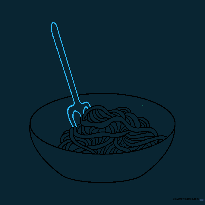 Drawing a fork handle and prongs partially submerged in the spaghetti.
