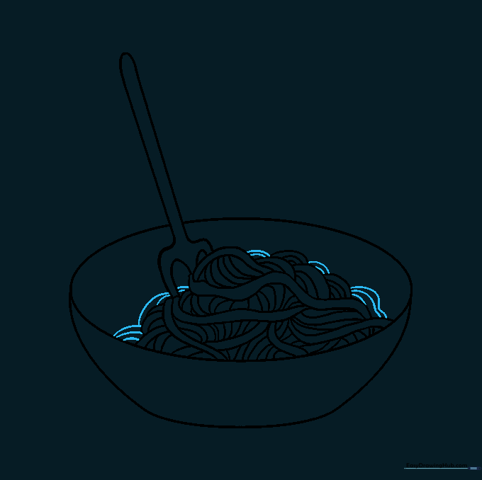 Adding final filler noodles to complete the bowl of spaghetti.