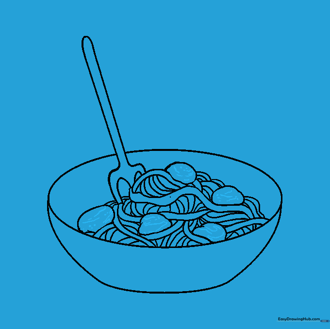Adding texture details to the meatballs using small curved lines.
