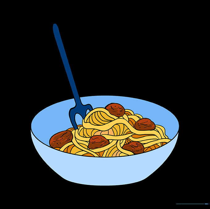 A fully colored drawing of a bowl of spaghetti with meatballs and a fork.