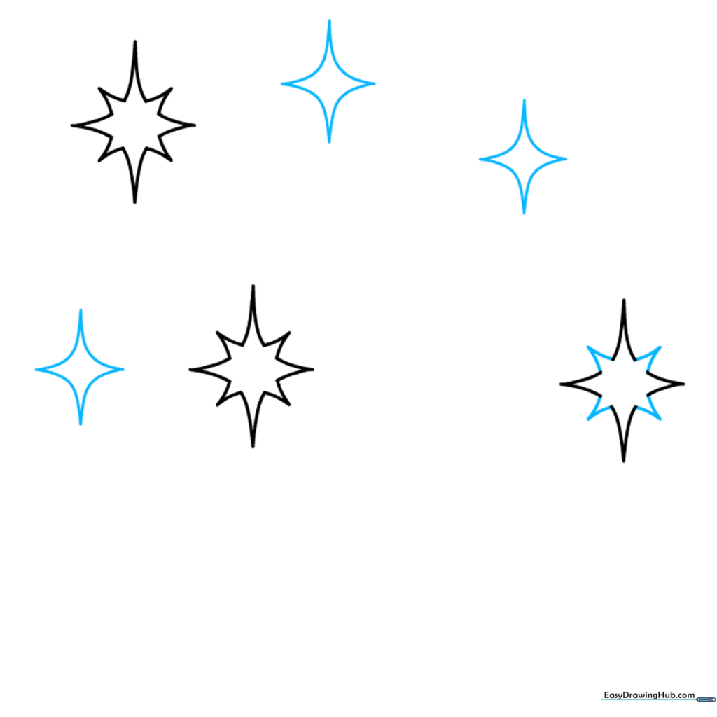 A cluster of three sparkles of varying sizes, demonstrating how to group them together.