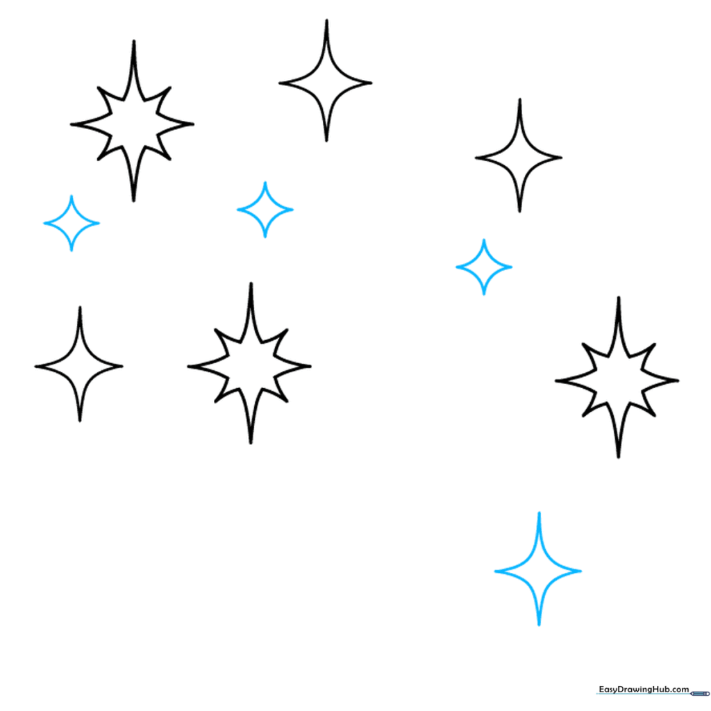 A collection of sparkles being built up with several small and medium-sized star shapes.
