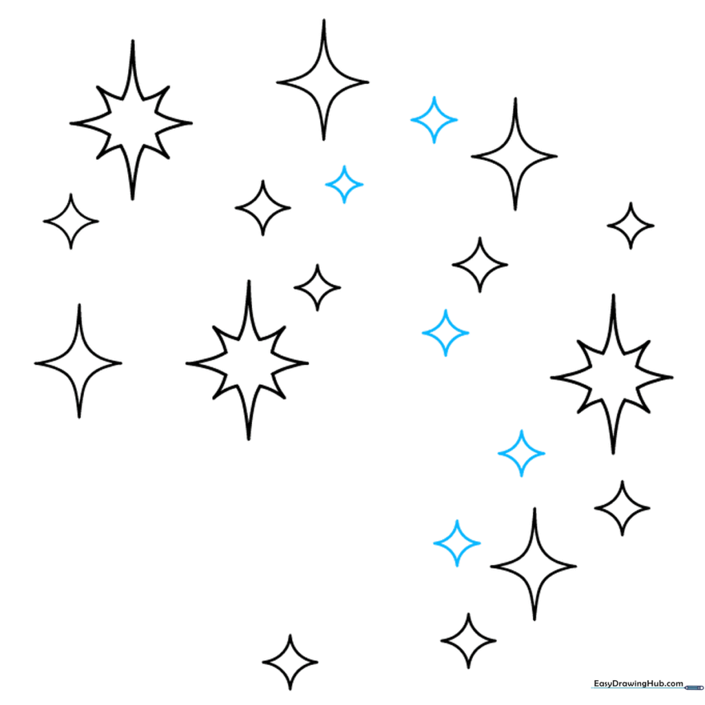 A dense cluster of sparkles featuring several tiny, delicate star shapes.