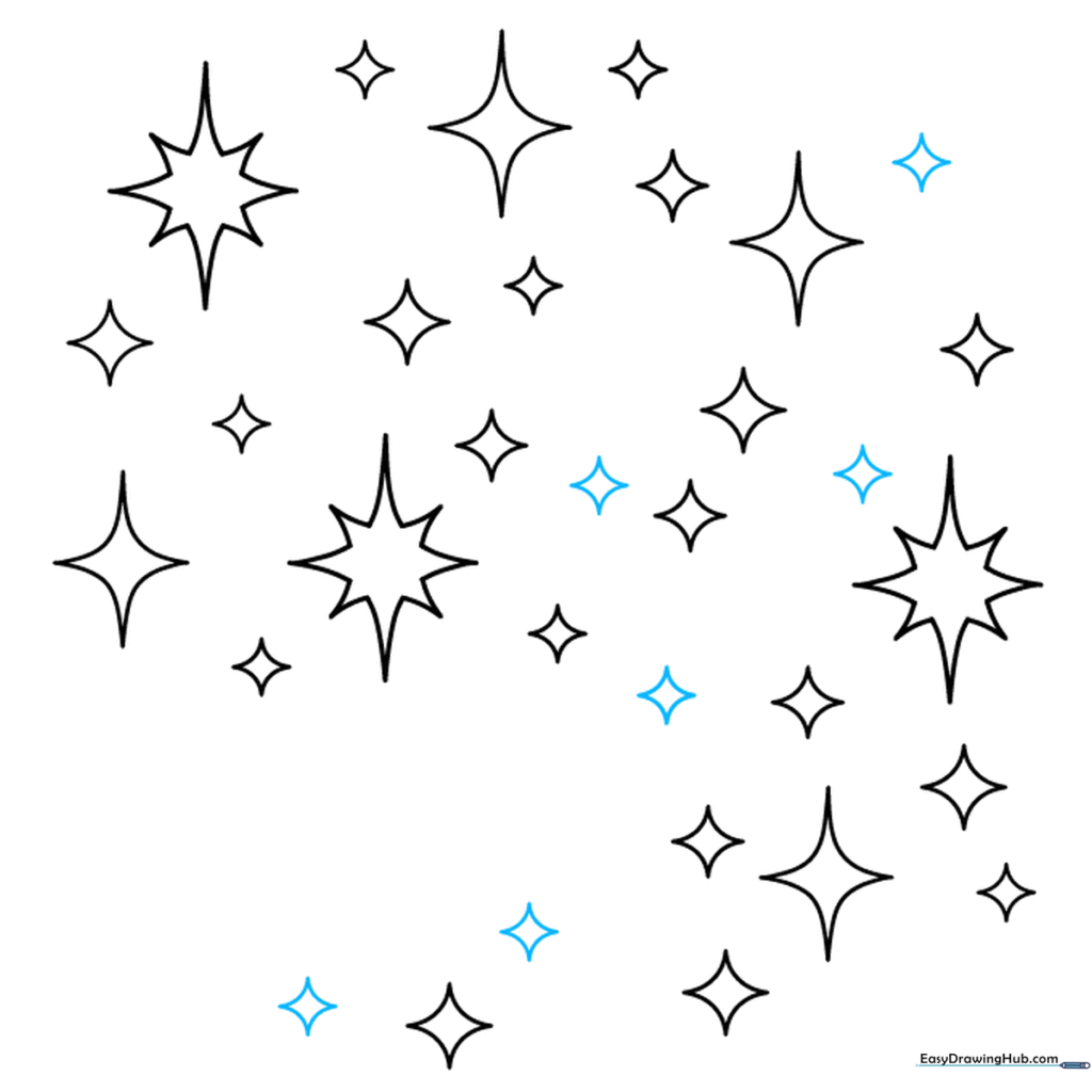 A nearly finished drawing of a large, sparkling cluster with balanced spacing.