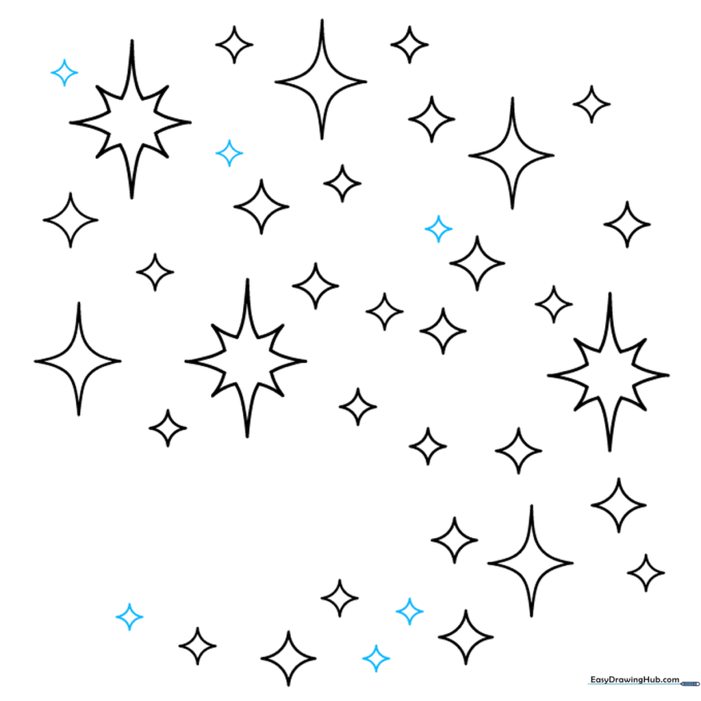 The completed outline of the sparkles drawing, showing a full, magical effect.