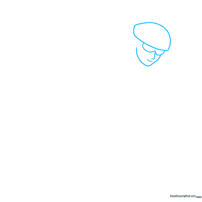 Pencil sketch showing the initial dome shape for a speed skater's helmet and facial guidelines.