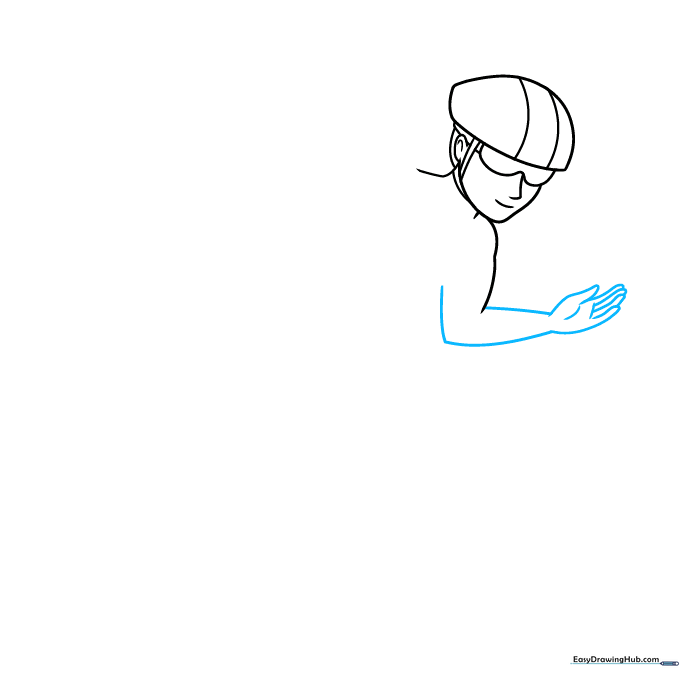 Detailed view of the speed skater's right arm and hand constructed with simple geometric shapes.