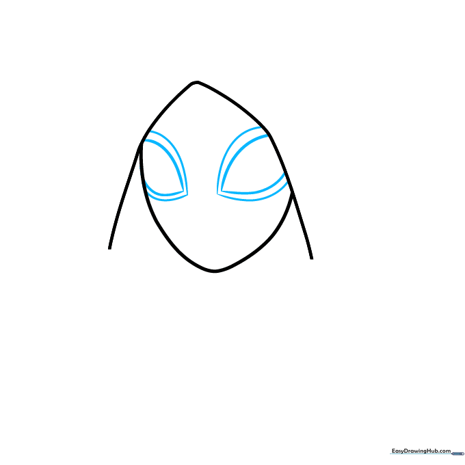 Close-up of Spider-Gwen's mask eyes being drawn with lemon-shaped curves.