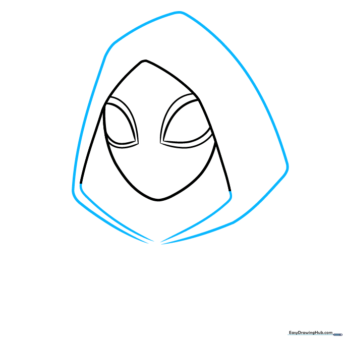 Drawing the outer hood structure of the Spider-Gwen costume.
