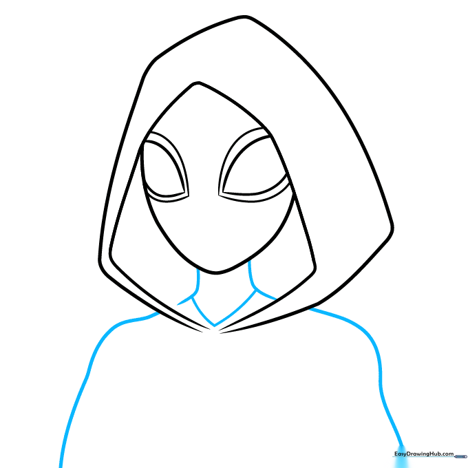 Sketching the neck and shoulder area of the Spider-Gwen character.