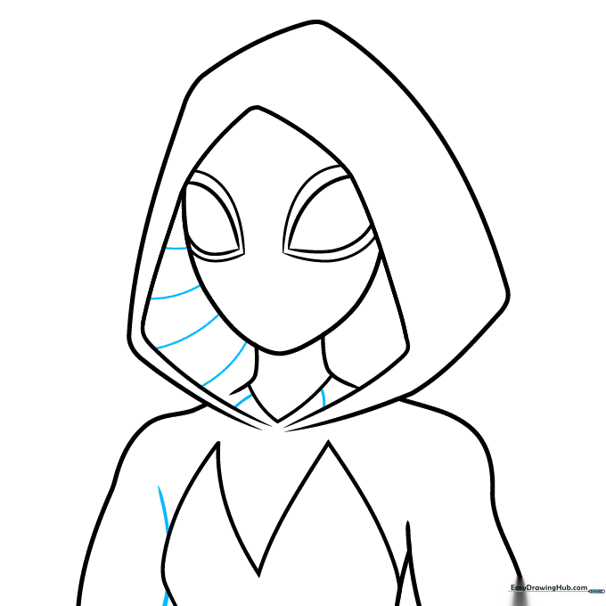 Adding detail lines to the left arm and interior of the hood.