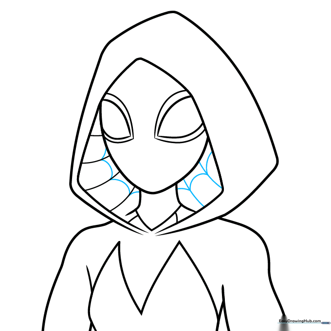 Drawing the initial web pattern loops inside the hood area.
