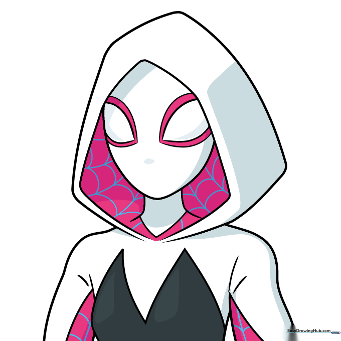 Finished, colored drawing of Spider-Gwen showing her iconic pink, blue, and white suit.