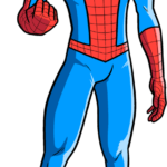 A vibrant, completed drawing of Spider-Man in a heroic pose, ready for coloring.
