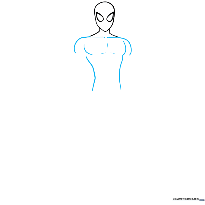 Drawing the upper body of Spider-Man, focusing on the collarbone and shoulder contours.