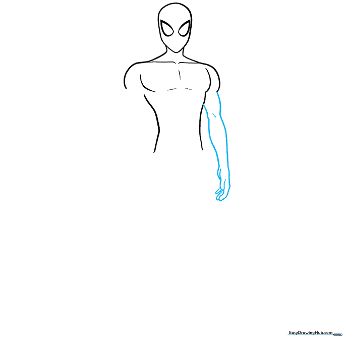 Adding the first arm to the Spider-Man sketch, showing the elbow bend and hand position.