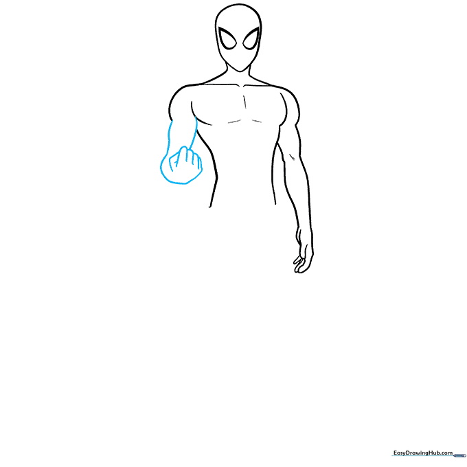Adding the second arm in a fist position to the Spider-Man drawing.