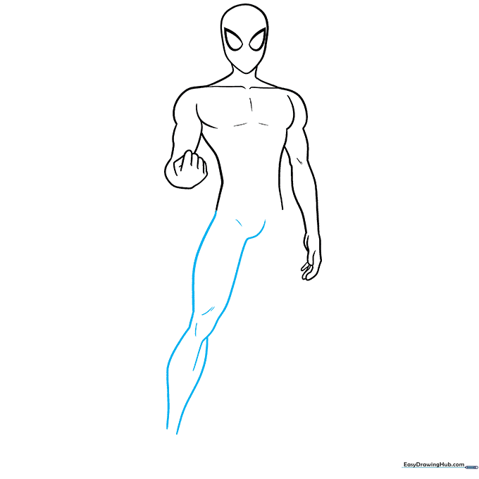 Drawing the first leg of Spider-Man with emphasis on the calf and knee muscles.
