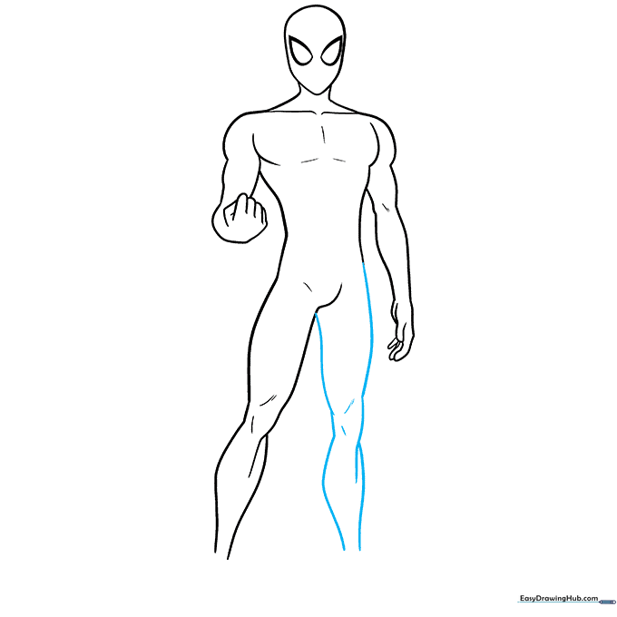 Adding the second leg to complete the lower body of the Spider-Man sketch.