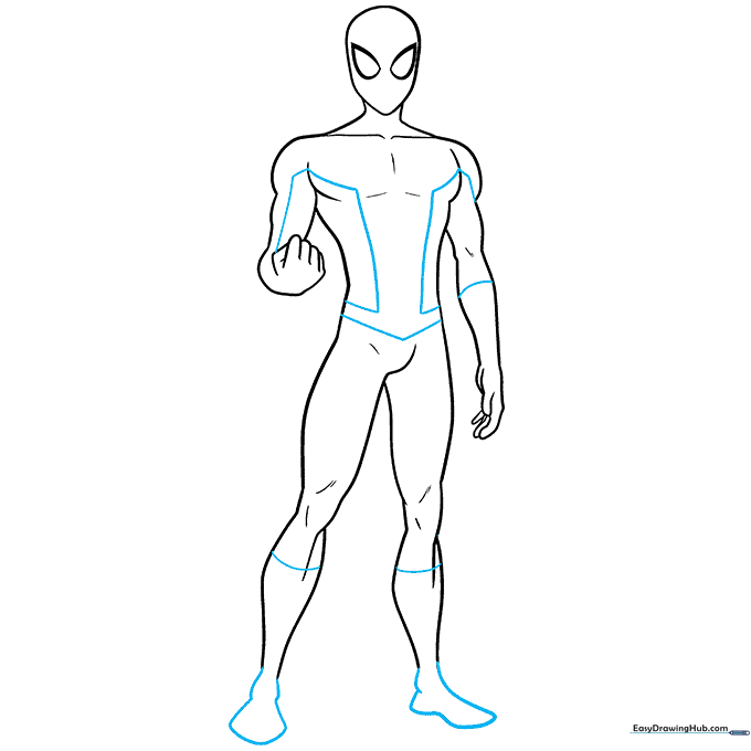 Adding suit details including the boot lines and torso panels to the Spider-Man drawing.