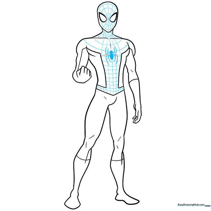 Drawing the iconic spider emblem on Spider-Man's chest.