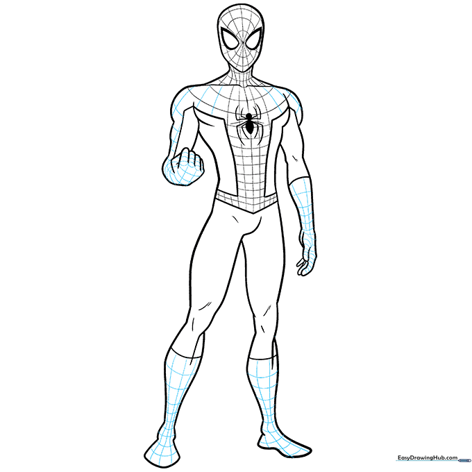 Adding the detailed web pattern across Spider-Man's mask and upper body.