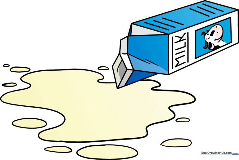 A colorful, finished cartoon drawing of a spilled milk carton with a cow mascot.