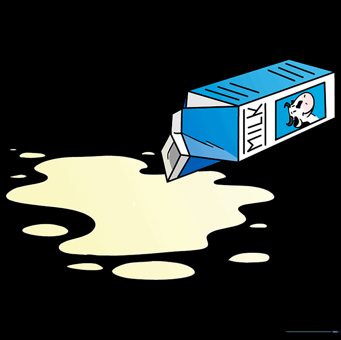 The finished, colored drawing of a milk carton with a puddle of spilled milk.