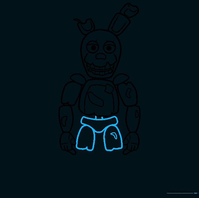 Drawing the hip and upper leg structure of Springtrap.