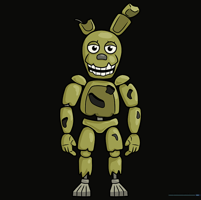 Final colored drawing of Springtrap with green and yellow tones.