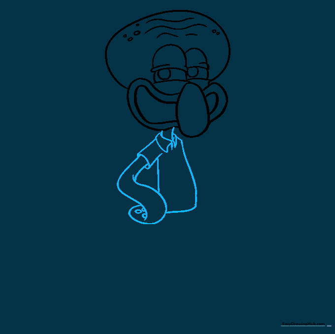 Sketching the neck, shirt collar, and the first arm with circular suckers.