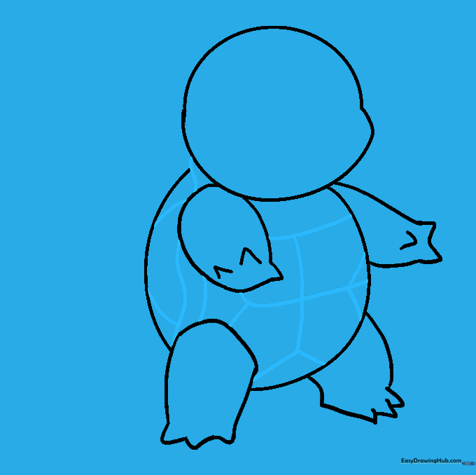 Adding shell details and belly plates to the Squirtle drawing.