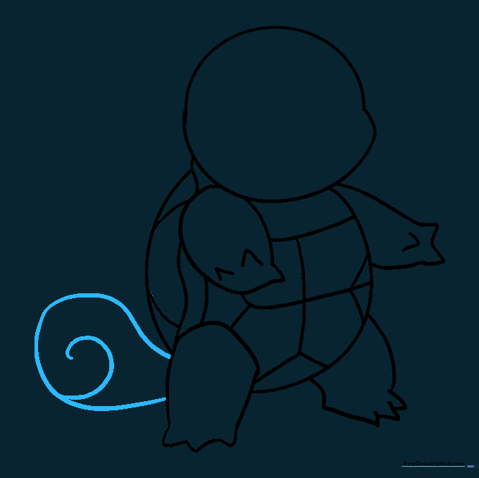 Adding the signature curly, rounded tail to the Squirtle drawing.
