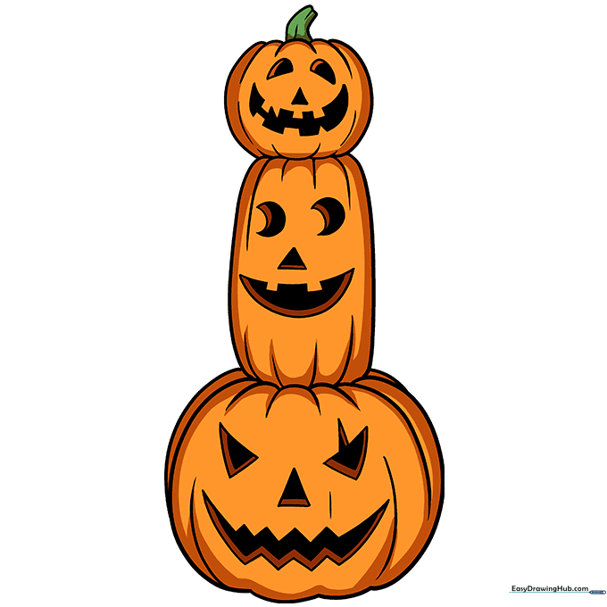 The finished, colored drawing of three stacked Halloween pumpkins with glowing faces.