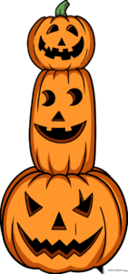A colorful, finished illustration of three stacked Halloween pumpkins with carved faces.