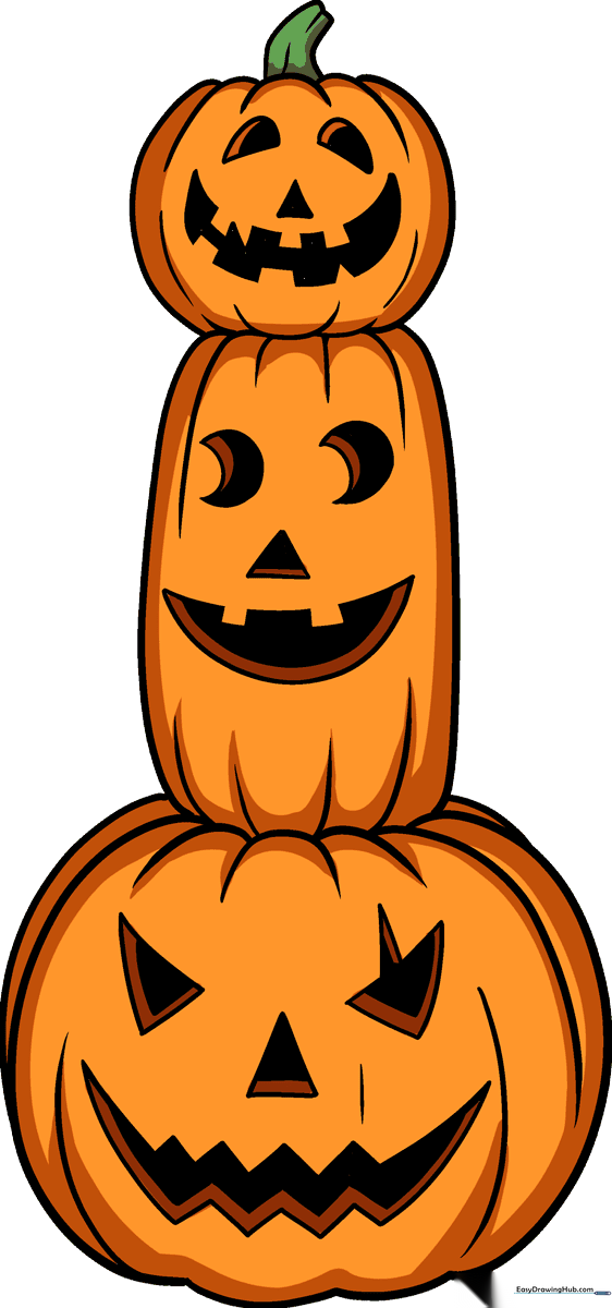 A colorful, finished illustration of three stacked Halloween pumpkins with carved faces.