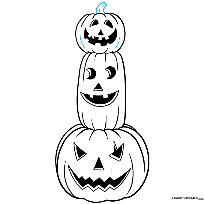 Adding final texture lines to the top pumpkin to complete the drawing.