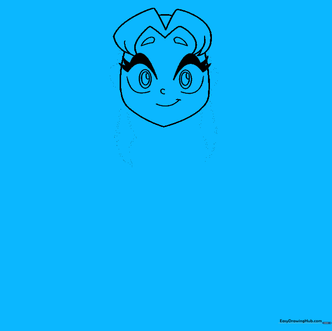 Sketch showing the addition of ears and flowing hair strands around the face.