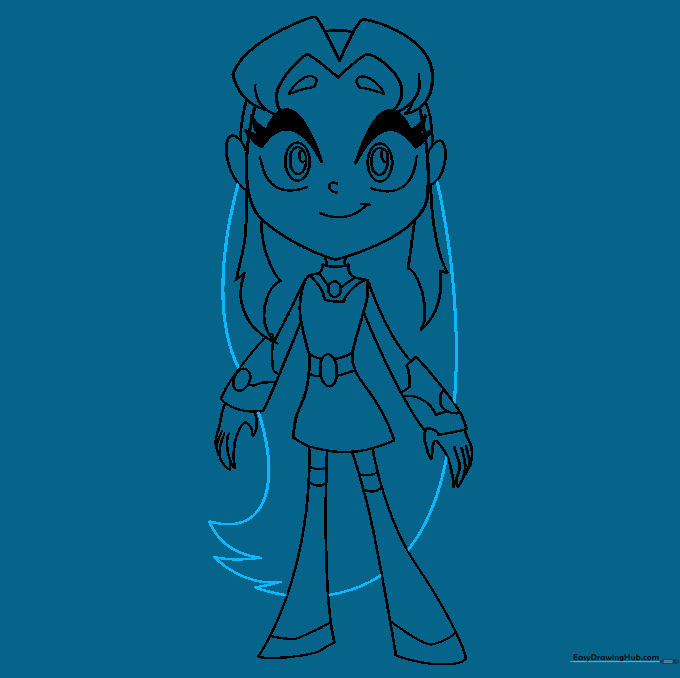 Final line art sketch showing Starfire's completed long hair.