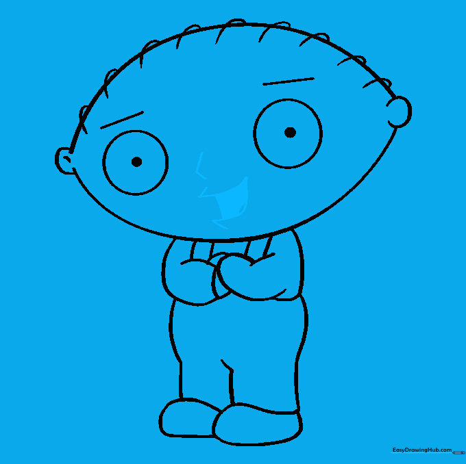 The completed line art of Stewie's face including nose and open mouth.