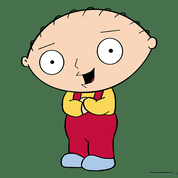 The final colored drawing of Stewie Griffin wearing his yellow shirt and red overalls.