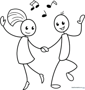 A vibrant, finished illustration of two stick figures dancing together with musical notes floating around them.