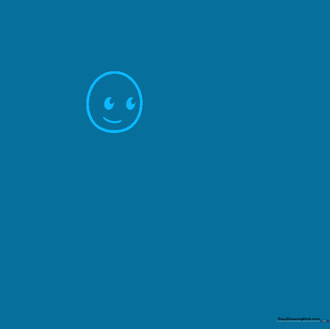 A simple circular face with two shaded eyes and a curved smile, drawn on white paper.