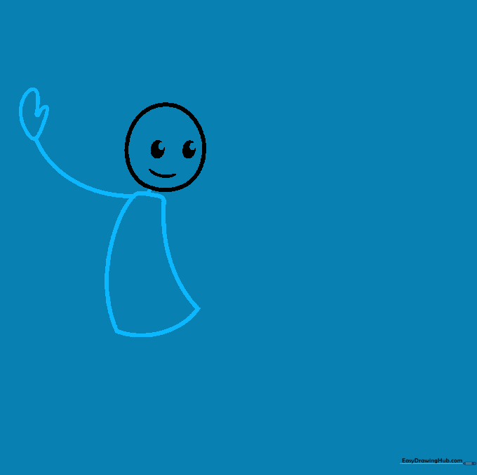The stick figure's torso is drawn as a narrow trapezoid with one arm extended ending in a heart-shaped hand.